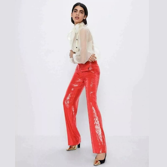 Red sequin pants zara Clearance